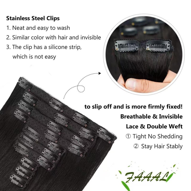 FAAAL 22" Clip in Human Hair Extensions Full Head 200g 10 Pieces 22 Clips Natural Black Double Weft Brazilian Real Remy Clip In Hair Extensions Thick Straight Silky (22",200g 1B#) - Image 5